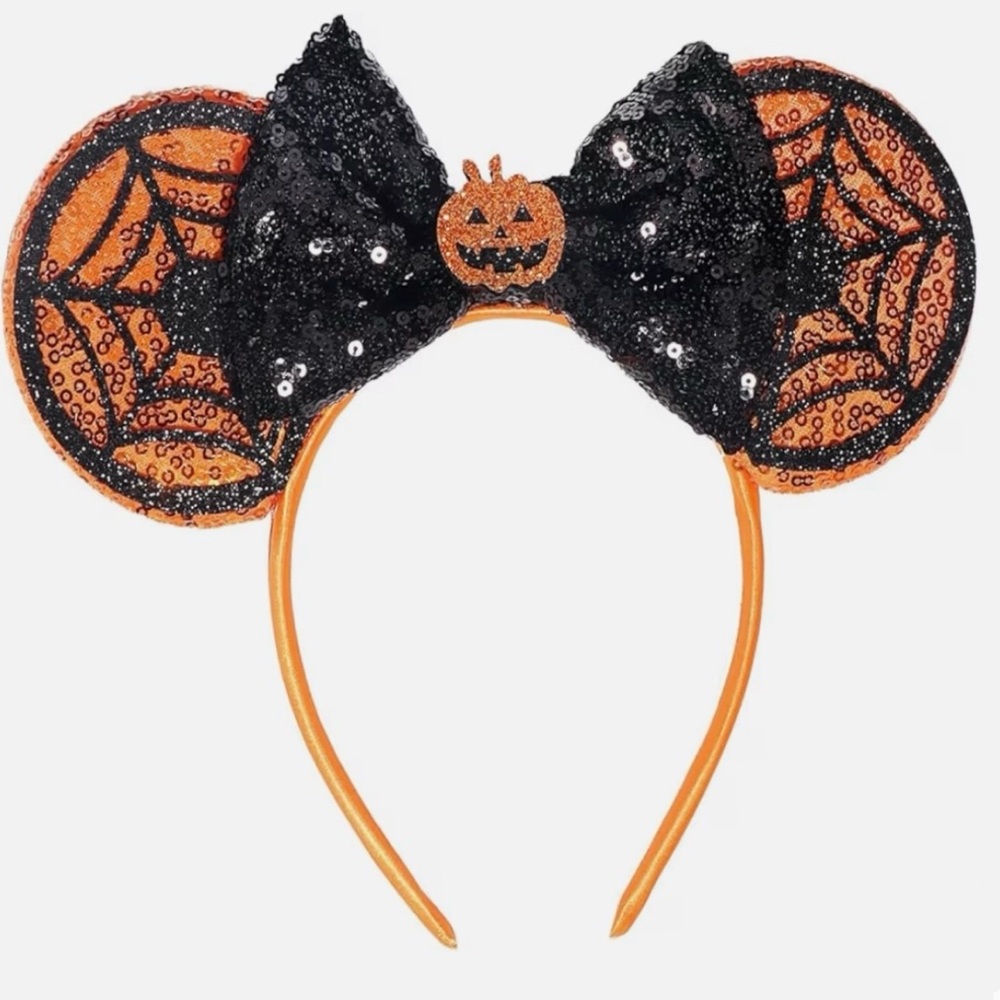 💞 New Halloween Pumpkin Spiderweb Sequin Mouse Ears Headband
